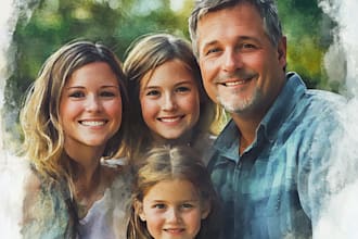 paint a family portrait into a digital watercolor painting with oil painting