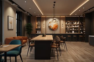 do interior design, 3d rendering office, cafe, shop, restaurant fast food place