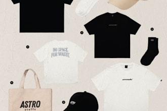 create merchandise mockups for tote bags, mugs, hoodies,t shirts and pod product