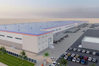 render exterior warehouse, factory, gas station, 3d storage room, interior
