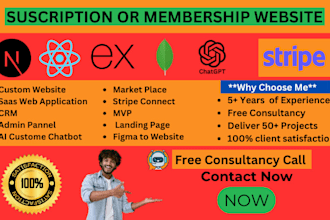 develop ai chatbot, saas custom membership or subscription stripe website
