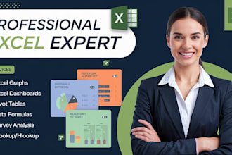 create excel graphs, pivot tables, vlookup formula, marcos, and dashboard