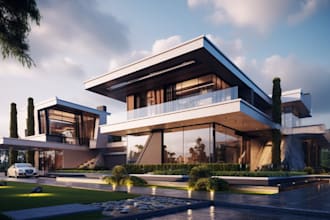 design luxury villa ,render facade, interior, landscape design, patio ,archviz