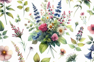 watercolor botanical illustrations of flowers and plants