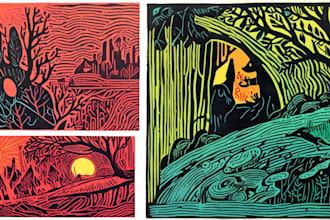 draw colorful linocut and woodcut book illustrations
