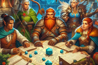 do a dnd party and fantasy character illustration