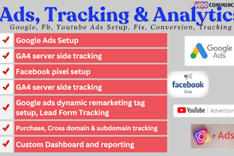 set up or fix facebook pixel google ads and conversion API tracking ga4 GTM