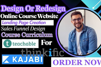 design kajabi landing page, sales funnel on thinkific, teachable course website