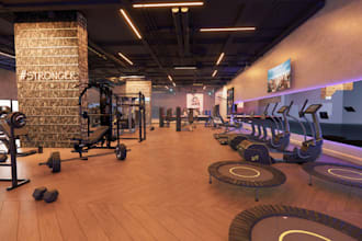cgi interior design, gymnasium , pilates studio, reception with 3d rendering