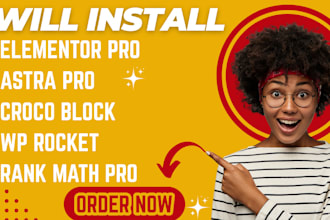 install elementor pro, astra pro, rank math pro, crocoblock, wp rocket, plugins