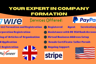 do US or UK company registration, USA bank account, ein and cic registration