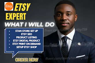 set up etsy shop, stan store, etsy print on demand, digital products design, SEO