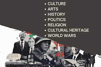 research and write case studies on history, art, religion, culture, and politics