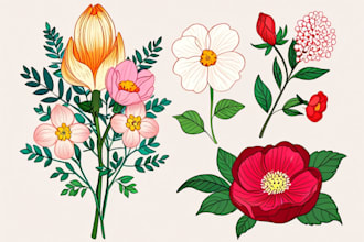 draw digital botanical illustrations of florals, plants, animals