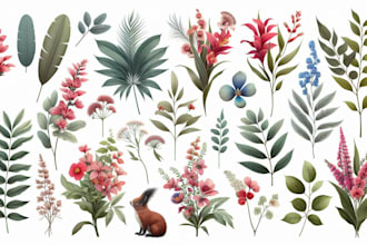 draw digital botanical illustrations of florals, plants, animals