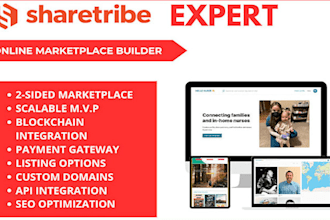 setup your marketplace using sharetribe, develop wix website and bubble io