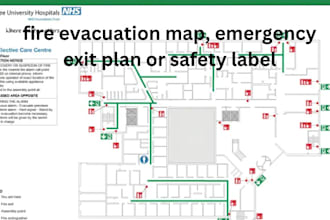 do fire evacuation map, emergency exit plan or safety label