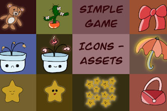 create custom basic game assets, icons in my kawaii style, commercial use