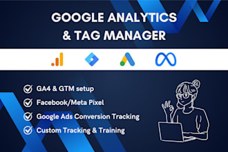 setup google analytics 4, tag manager, ads conversion tracking, facebook pixel