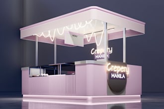 render, design 3d model of kiosk, bar, exhibition stall, display booth, standee