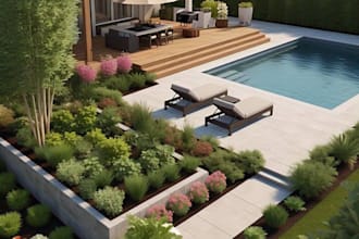 do 3d design for your backyard landscaping, garden pool patio deck