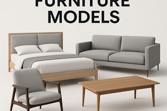 create a custom 3d modeling and rendering for furniture, bed, chair, sofa, table
