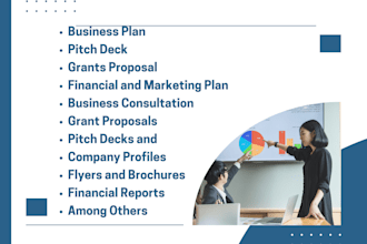 do business plan, pitch deck, grant proposal, financial and marketing plan