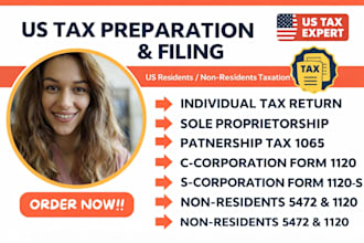 prepare and file US tax returns 1040, 1065, 1120s and 5472