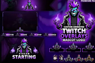 design animated twitch banner overlay, twitch promotion, emotes, mascot logo