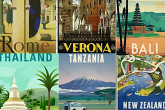 design retro vintage travel poster, retro vintage art deco style illustration