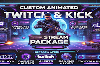 design animated twitch overlay, logo, alerts, kick stream package with panel