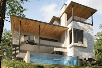 rebuild 3d cabin house,cottage exterior, outdoor pool,landscape graden,hq render