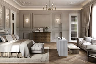rebuild stylish apartment,render bedroom,walkin closet,cgi hallway,dinning revit