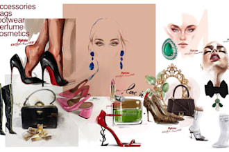 draw an illustration of jewelry, accessories, bags, shoes