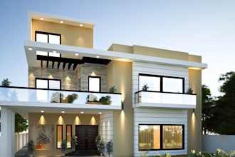 craft farmhouse 3d visualization, elevation layout, cgi villa interior furniture