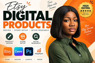 design etsy digital products, setup etsy store, design workbook, and journals