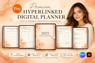 etsy digital planner, hyperlinked planner, hyperlink planner design etsy shop