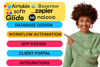 airtable baserow database, softr glide noloco client portal, zapier automation