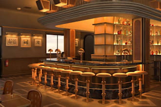 do 3d photorealistic bar, cgi restaurant, kiosk, club house, interior design