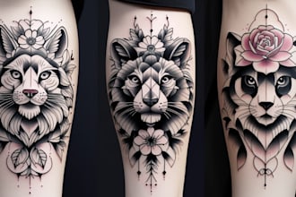 draw black and white geometric tattoos, flowers, animal portrait tattoo