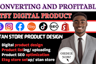 setup 7 figure shopify digital product store, etsy shop stan store digital store