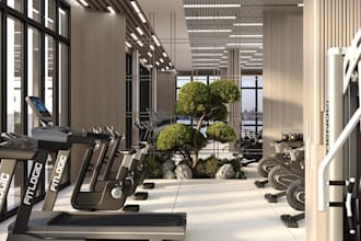 convert garage to home gym design,3d layout,commercial fitness center,cgi render