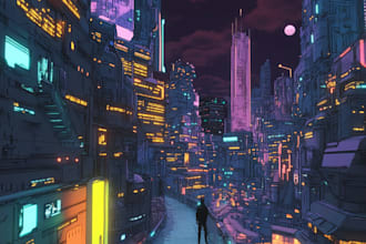 make a futuristic and detail cyberpunk city illustration
