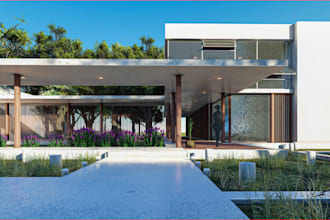 redesign 3d villa exterior, landscape,garden, deck terrace,HQ environment render