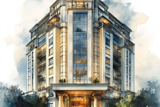sketch architecture building with watercolor rendering