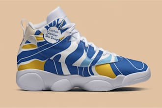 make trendy shoe design, customized sneakers, concept sketch and shoe tech pack