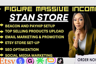 stan store digital products design, etsy store setup, systeme io sales funnel