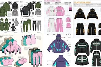 2d, 3d tech pack for clothing apparel garments, sports flat sketch, hoody design