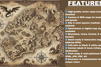 design a custom fantasy world map, vector illustration, city map, campaign map