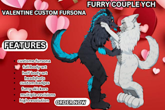 draw romantic furry couple ych, fursona, anthro, reference sheet for valentine